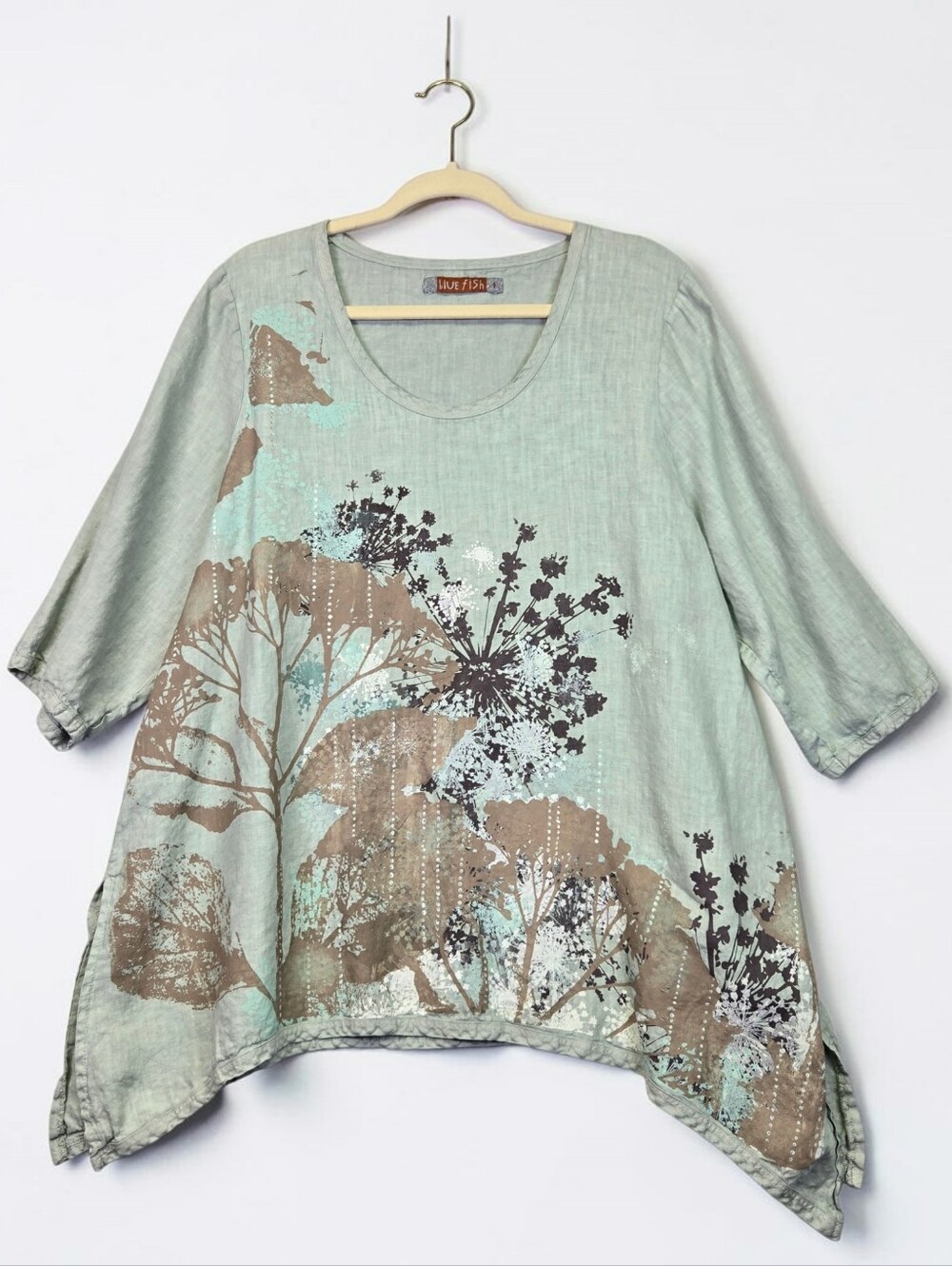 Blue Fish Linen Tunic Top Green Floral Print Lagenlook Oversized Size 1 / XL
